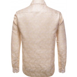 Camisa de Vestir Masculina Vintage Bege Paisley de Manga Longa - Tecido de Poliéster Luxuoso, Gola com Botões, Padrão Floral Elegante para Ocasiões Formais, Casamentos & Eventos de Negócios, Traje de Casamento | Camisa Masculina de Luxo | Camisa de Corte 