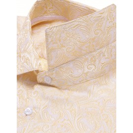 Camisa de Vestir Masculina Vintage Bege Paisley de Manga Longa - Tecido de Poliéster Luxuoso, Gola com Botões, Padrão Floral Elegante para Ocasiões Formais, Casamentos & Eventos de Negócios, Traje de Casamento | Camisa Masculina de Luxo | Camisa de Corte 