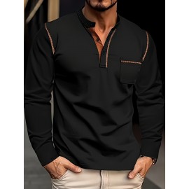 Camisetas Henley Masculinas de Verão - Camisas Clássicas de Manga Longa Leves com Botões, Decote em V e Design de Costura Contrastante no Gola para Looks Casuais