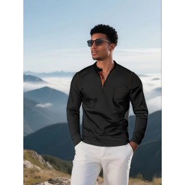 Camisetas Henley Masculinas de Verão - Camisas Clássicas de Manga Longa Leves com Botões, Decote em V e Design de Costura Contrastante no Gola para Looks Casuais