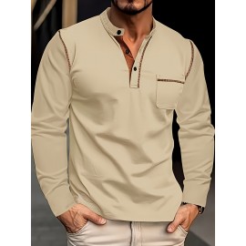 Camisetas Henley Masculinas de Verão - Camisas Clássicas de Manga Longa Leves com Botões, Decote em V e Design de Costura Contrastante no Gola para Looks Casuais