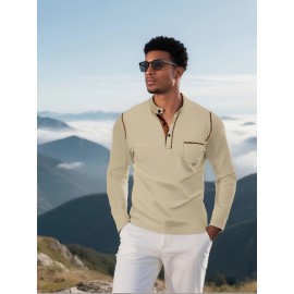 Camisetas Henley Masculinas de Verão - Camisas Clássicas de Manga Longa Leves com Botões, Decote em V e Design de Costura Contrastante no Gola para Looks Casuais