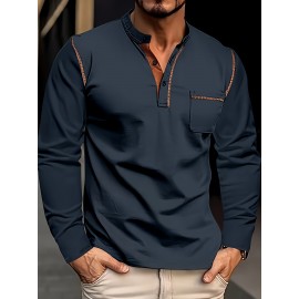 Camisetas Henley Masculinas de Verão - Camisas Clássicas de Manga Longa Leves com Botões, Decote em V e Design de Costura Contrastante no Gola para Looks Casuais