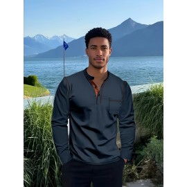Camisetas Henley Masculinas de Verão - Camisas Clássicas de Manga Longa Leves com Botões, Decote em V e Design de Costura Contrastante no Gola para Looks Casuais