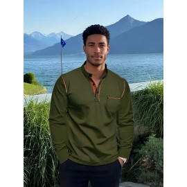 Camisetas Henley Masculinas de Verão - Camisas Clássicas de Manga Longa Leves com Botões, Decote em V e Design de Costura Contrastante no Gola para Looks Casuais