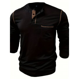 Camisetas Henley Masculinas de Verão - Camisas Clássicas de Manga Longa Leves com Botões, Decote em V e Design de Costura Contrastante no Gola para Looks Casuais