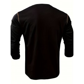 Camisetas Henley Masculinas de Verão - Camisas Clássicas de Manga Longa Leves com Botões, Decote em V e Design de Costura Contrastante no Gola para Looks Casuais