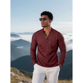 Camisetas Henley Masculinas de Verão - Camisas Clássicas de Manga Longa Leves com Botões, Decote em V e Design de Costura Contrastante no Gola para Looks Casuais