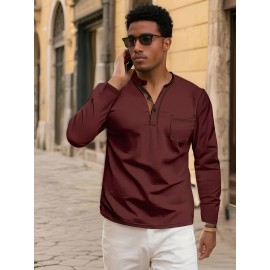 Camisetas Henley Masculinas de Verão - Camisas Clássicas de Manga Longa Leves com Botões, Decote em V e Design de Costura Contrastante no Gola para Looks Casuais