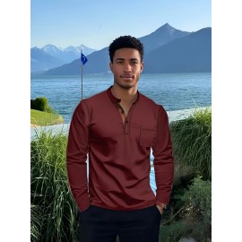 Camisetas Henley Masculinas de Verão - Camisas Clássicas de Manga Longa Leves com Botões, Decote em V e Design de Costura Contrastante no Gola para Looks Casuais
