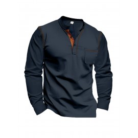 Camisetas Henley Masculinas de Verão - Camisas Clássicas de Manga Longa Leves com Botões, Decote em V e Design de Costura Contrastante no Gola para Looks Casuais