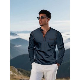Camisetas Henley Masculinas de Verão - Camisas Clássicas de Manga Longa Leves com Botões, Decote em V e Design de Costura Contrastante no Gola para Looks Casuais