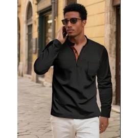 Camisetas Henley Masculinas de Verão - Camisas Clássicas de Manga Longa Leves com Botões, Decote em V e Design de Costura Contrastante no Gola para Looks Casuais