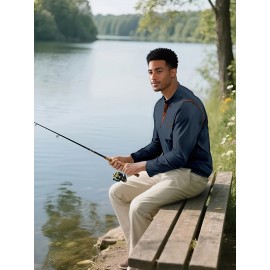 Camisetas Henley Masculinas de Verão - Camisas Clássicas de Manga Longa Leves com Botões, Decote em V e Design de Costura Contrastante no Gola para Looks Casuais