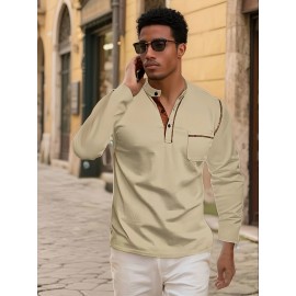 Camisetas Henley Masculinas de Verão - Camisas Clássicas de Manga Longa Leves com Botões, Decote em V e Design de Costura Contrastante no Gola para Looks Casuais