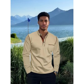 Camisetas Henley Masculinas de Verão - Camisas Clássicas de Manga Longa Leves com Botões, Decote em V e Design de Costura Contrastante no Gola para Looks Casuais