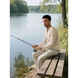 Camisetas Henley Masculinas de Verão - Camisas Clássicas de Manga Longa Leves com Botões, Decote em V e Design de Costura Contrastante no Gola para Looks Casuais