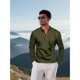 Camisetas Henley Masculinas de Verão - Camisas Clássicas de Manga Longa Leves com Botões, Decote em V e Design de Costura Contrastante no Gola para Looks Casuais