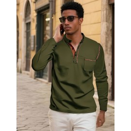 Camisetas Henley Masculinas de Verão - Camisas Clássicas de Manga Longa Leves com Botões, Decote em V e Design de Costura Contrastante no Gola para Looks Casuais