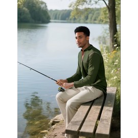 Camisetas Henley Masculinas de Verão - Camisas Clássicas de Manga Longa Leves com Botões, Decote em V e Design de Costura Contrastante no Gola para Looks Casuais