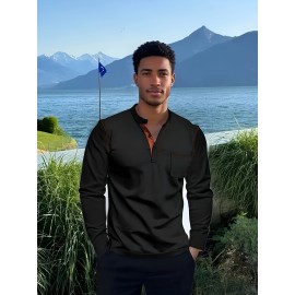 Camisetas Henley Masculinas de Verão - Camisas Clássicas de Manga Longa Leves com Botões, Decote em V e Design de Costura Contrastante no Gola para Looks Casuais