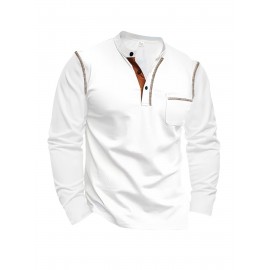 Camisetas Henley Masculinas de Verão - Camisas Clássicas de Manga Longa Leves com Botões, Decote em V e Design de Costura Contrastante no Gola para Looks Casuais