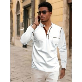 Camisetas Henley Masculinas de Verão - Camisas Clássicas de Manga Longa Leves com Botões, Decote em V e Design de Costura Contrastante no Gola para Looks Casuais