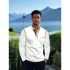 Camisetas Henley Masculinas de Verão - Camisas Clássicas de Manga Longa Leves com Botões, Decote em V e Design de Costura Contrastante no Gola para Looks Casuais