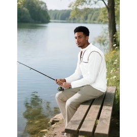 Camisetas Henley Masculinas de Verão - Camisas Clássicas de Manga Longa Leves com Botões, Decote em V e Design de Costura Contrastante no Gola para Looks Casuais