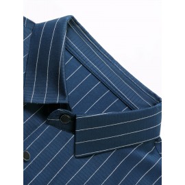 Camisa Casual Masculina de Manga Curta para o Verão - Tecido Respirável com Listras Azuis, Abotoamento Simples e Bolso no Peito, Conforto Leve para Negócios e Fim de Semana, Material Suave e Amigo da Piel