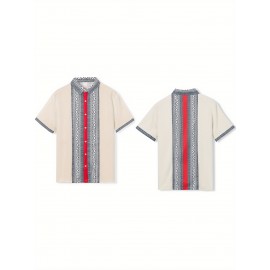 Camisetas Masculinas de Verão com Gola, Estilo Casual Indiano Bohemio, Manga Curta e Botões Frontais, Ajuste Solto com Patchwork