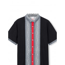 Camisetas Masculinas de Verão com Gola, Estilo Casual Indiano Bohemio, Manga Curta e Botões Frontais, Ajuste Solto com Patchwork