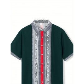 Camisetas Masculinas de Verão com Gola, Estilo Casual Indiano Bohemio, Manga Curta e Botões Frontais, Ajuste Solto com Patchwork