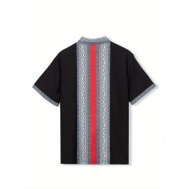 Camisetas Masculinas de Verão com Gola, Estilo Casual Indiano Bohemio, Manga Curta e Botões Frontais, Ajuste Solto com Patchwork