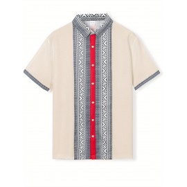 Camisetas Masculinas de Verão com Gola, Estilo Casual Indiano Bohemio, Manga Curta e Botões Frontais, Ajuste Solto com Patchwork