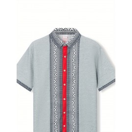 Camisetas Masculinas de Verão com Gola, Estilo Casual Indiano Bohemio, Manga Curta e Botões Frontais, Ajuste Solto com Patchwork