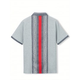Camisetas Masculinas de Verão com Gola, Estilo Casual Indiano Bohemio, Manga Curta e Botões Frontais, Ajuste Solto com Patchwork