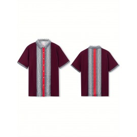 Camisetas Masculinas de Verão com Gola, Estilo Casual Indiano Bohemio, Manga Curta e Botões Frontais, Ajuste Solto com Patchwork