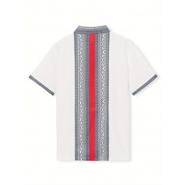 Camisetas Masculinas de Verão com Gola, Estilo Casual Indiano Bohemio, Manga Curta e Botões Frontais, Ajuste Solto com Patchwork
