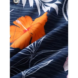 Camisa masculina havaiana com flores azuis, camisa casual de verão unissex para férias na praia, de manga curta e estampada com elementos florais e plantas tropicais