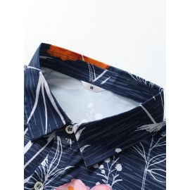 Camisa masculina havaiana com flores azuis, camisa casual de verão unissex para férias na praia, de manga curta e estampada com elementos florais e plantas tropicais