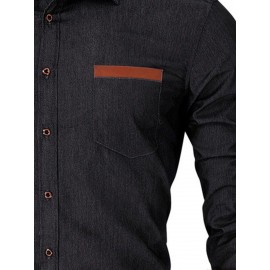 Camisa Vintage Paisley para Homem - 100% Poliéster Manga Longa com Lapela, Tecido de Malha Não Elástico, Versão Regular Lavável à Máquina, Casual Semi-Formal Primavera/Outono, Camisa de Bolso Xadrez Preto