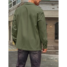 Camisa de Botão Casual Masculina em Veludo Cotelê - Jaqueta Shacket Solta com Manga Longa e Costela, Camisa 100% Poliéster Lavável à Máquina para Uso Externo na Primavera/Outono