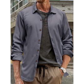 Camisa de Botão Casual Masculina em Veludo Cotelê - Jaqueta Shacket Solta com Manga Longa e Costela, Camisa 100% Poliéster Lavável à Máquina para Uso Externo na Primavera/Outono