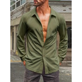 Camisa de Botão Casual Masculina em Veludo Cotelê - Jaqueta Shacket Solta com Manga Longa e Costela, Camisa 100% Poliéster Lavável à Máquina para Uso Externo na Primavera/Outono