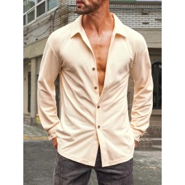 Camisa de Botão Casual Masculina em Veludo Cotelê - Jaqueta Shacket Solta com Manga Longa e Costela, Camisa 100% Poliéster Lavável à Máquina para Uso Externo na Primavera/Outono