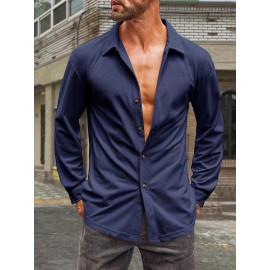 Camisa de Botão Casual Masculina em Veludo Cotelê - Jaqueta Shacket Solta com Manga Longa e Costela, Camisa 100% Poliéster Lavável à Máquina para Uso Externo na Primavera/Outono