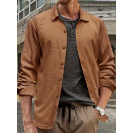 Camisa de Botão Casual Masculina em Veludo Cotelê - Jaqueta Shacket Solta com Manga Longa e Costela, Camisa 100% Poliéster Lavável à Máquina para Uso Externo na Primavera/Outono