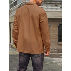 Camisa de Botão Casual Masculina em Veludo Cotelê - Jaqueta Shacket Solta com Manga Longa e Costela, Camisa 100% Poliéster Lavável à Máquina para Uso Externo na Primavera/Outono