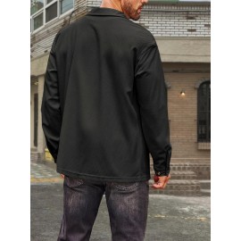Camisa de Botão Casual Masculina em Veludo Cotelê - Jaqueta Shacket Solta com Manga Longa e Costela, Camisa 100% Poliéster Lavável à Máquina para Uso Externo na Primavera/Outono